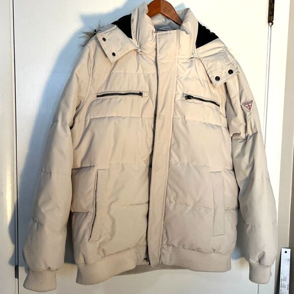 Guess Men's Cream Front-Zip Logo Faux Fur Hooded Parka Coat Jacket Size XL//TG - Picture 2 of 12